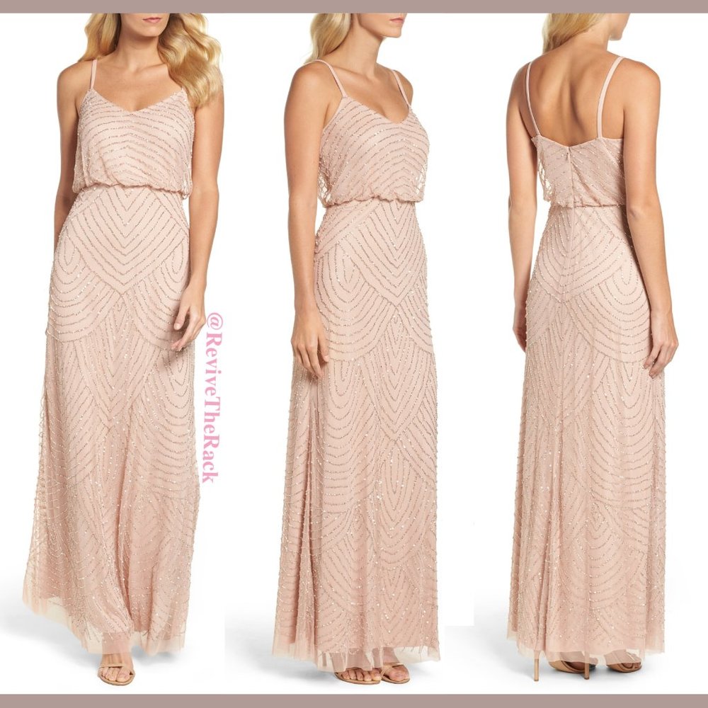 NEW! Adrianna Papell‎ Art Deco Beaded Blouson Gown in Blush Pink [SZ 12 ]